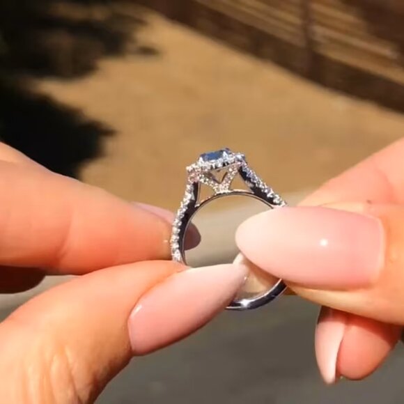 Custom Made Halo 10K Gold Ring, Oval With Round Cut Moissanite Diamond Ring - Picture 3 of 4